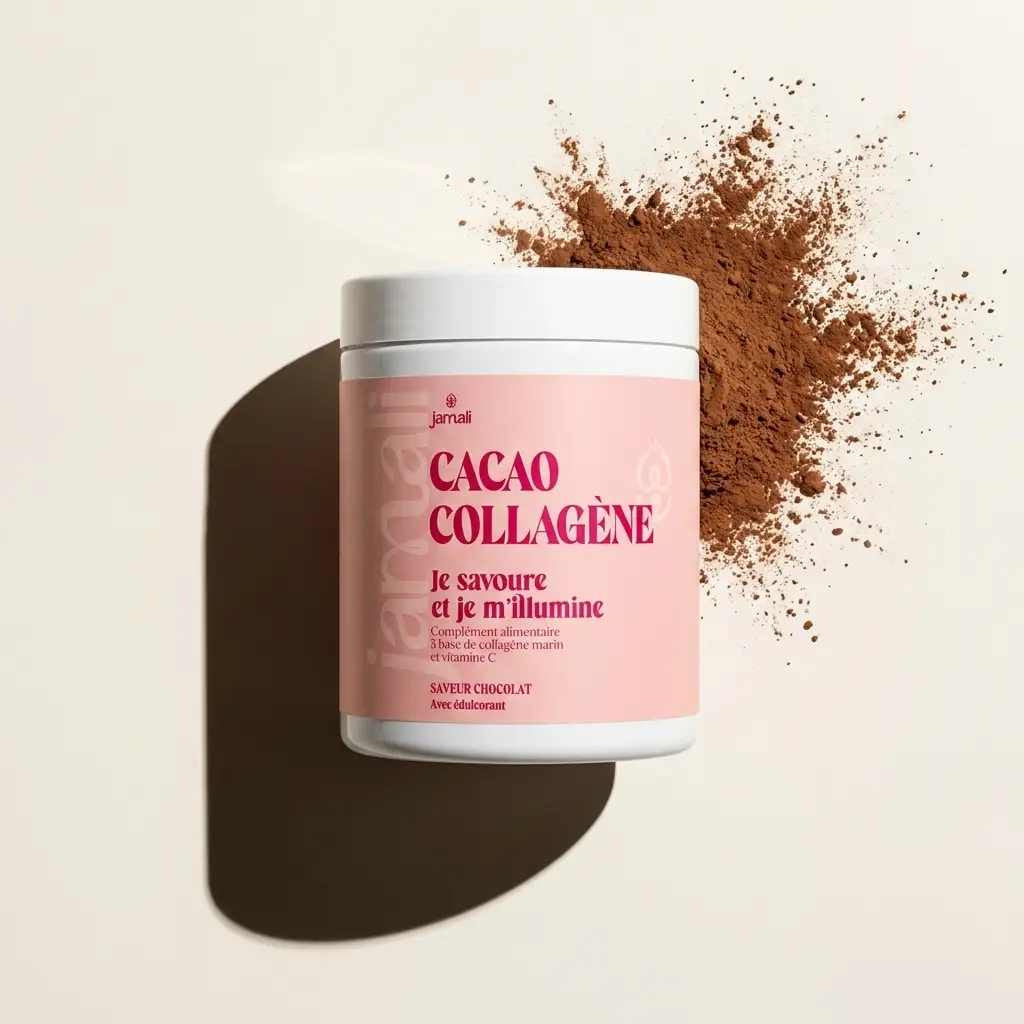 Pot de Cacao Collagène Jamali sur fond crème avec poudre de cacao