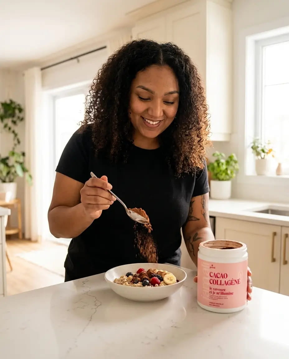 Gaëlle, fondatrice de Jamali, versant du Cacao Collagène dans son bol du matin