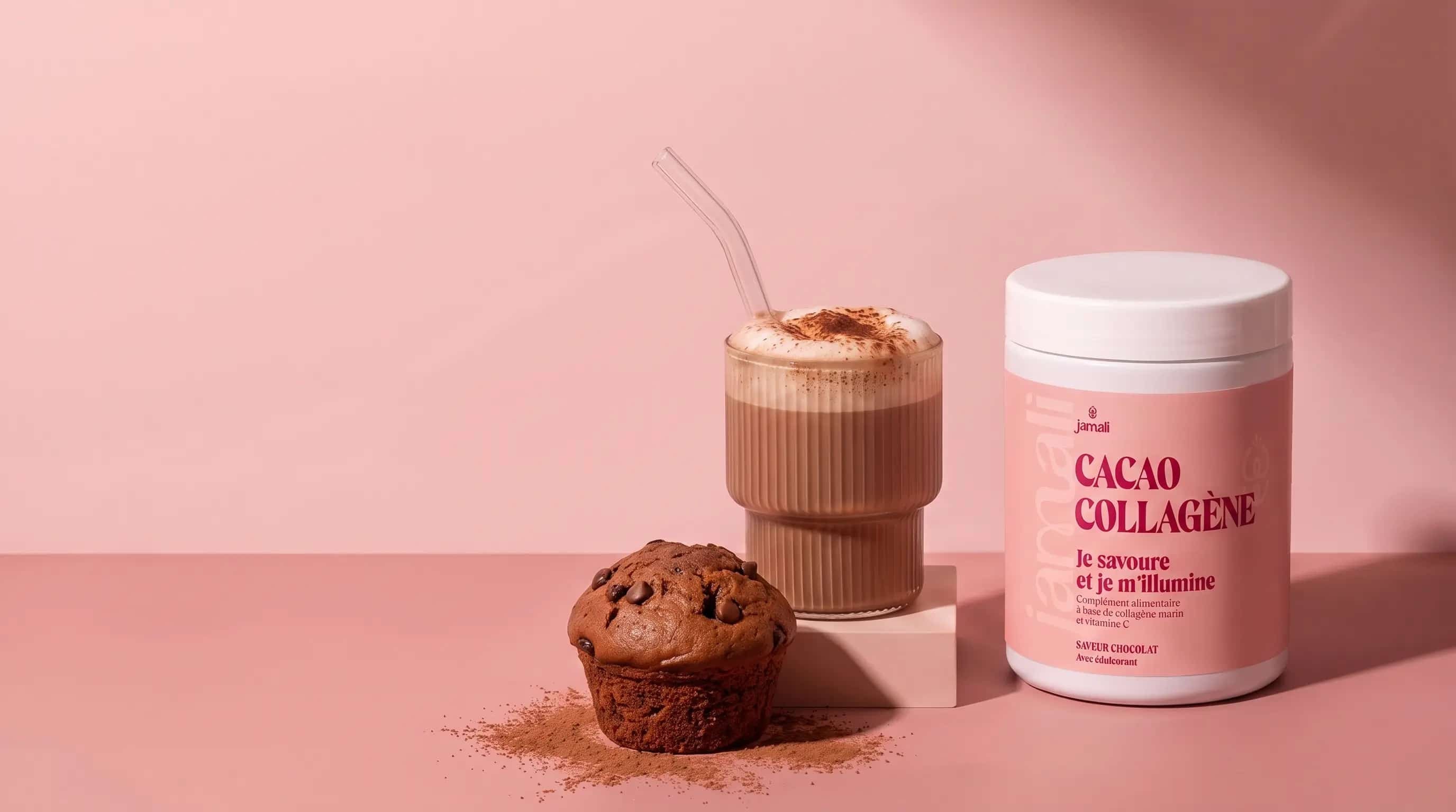 Pot de Cacao Collagène Jamali avec sa boisson chocolatée préparée et un muffin, fond rose